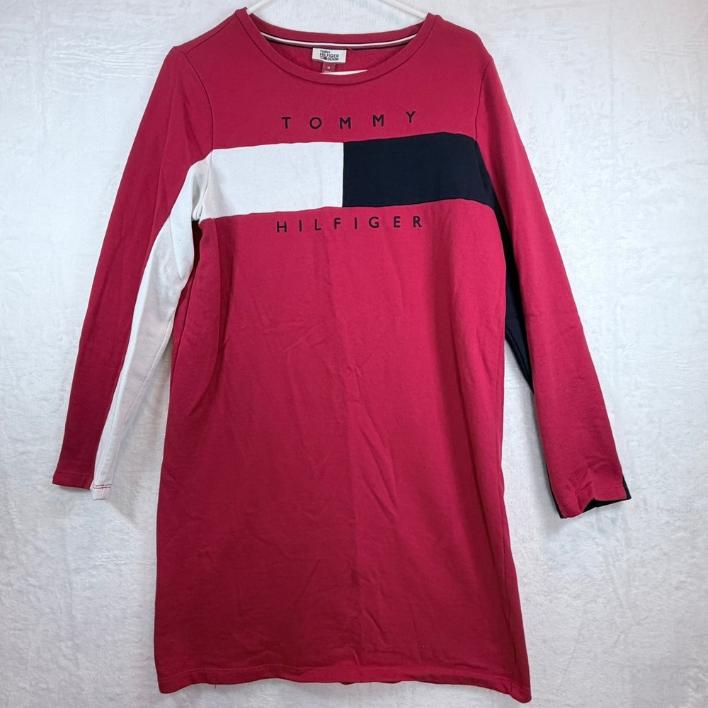 Tommy Hilfiger Sweatshirt Dress Womens Medium Red Colorblock Logo TJTATK231